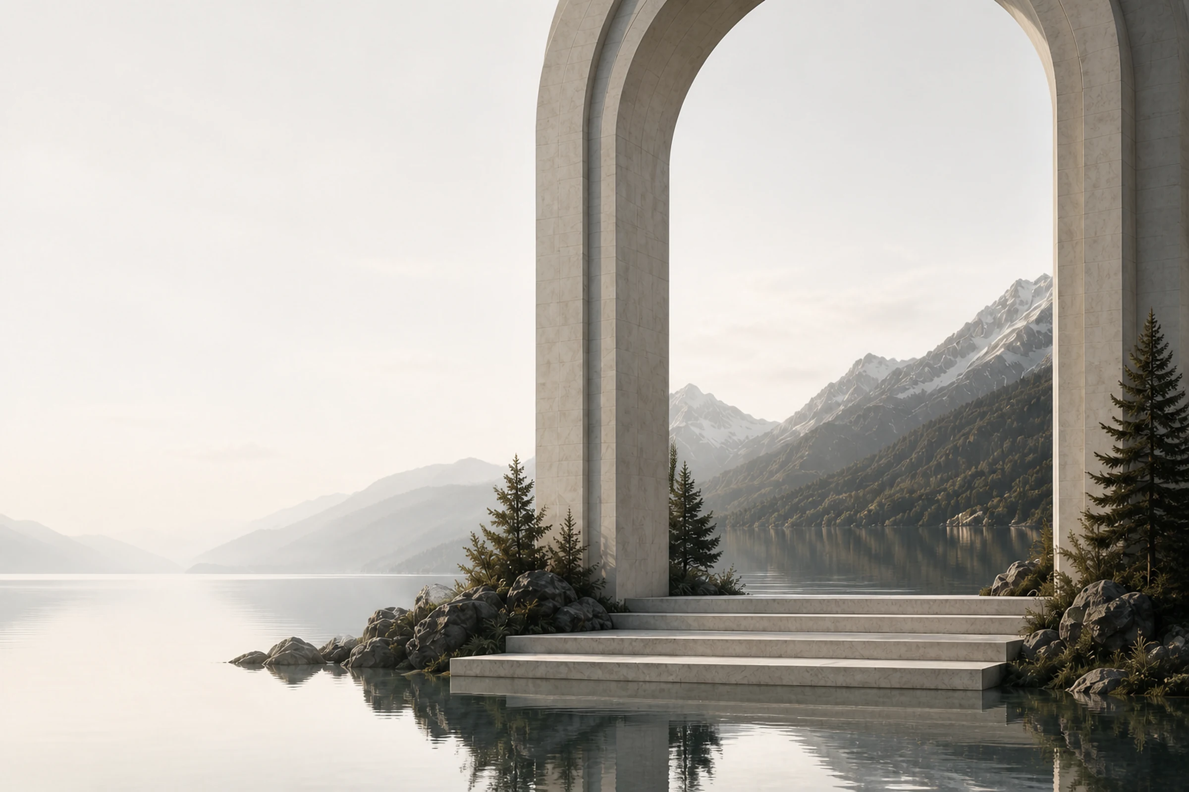 A monumental stone arch framing a mountain range across a still alpine lake